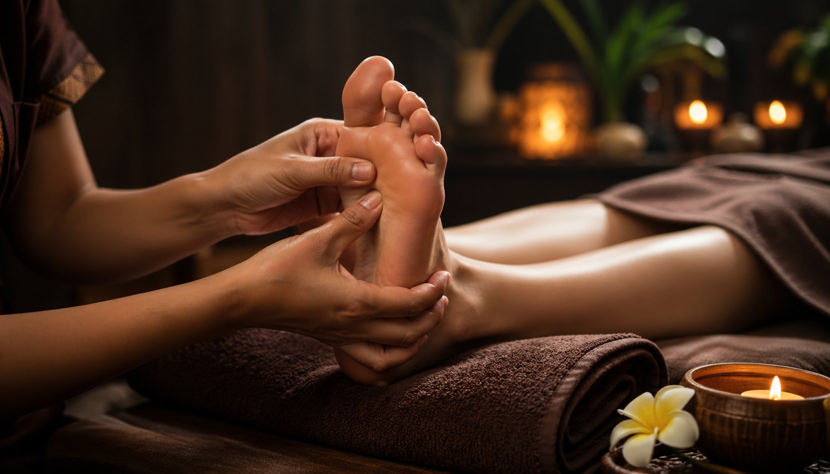 Reflexology treatment — hands working on feet in a candlelit spa setting